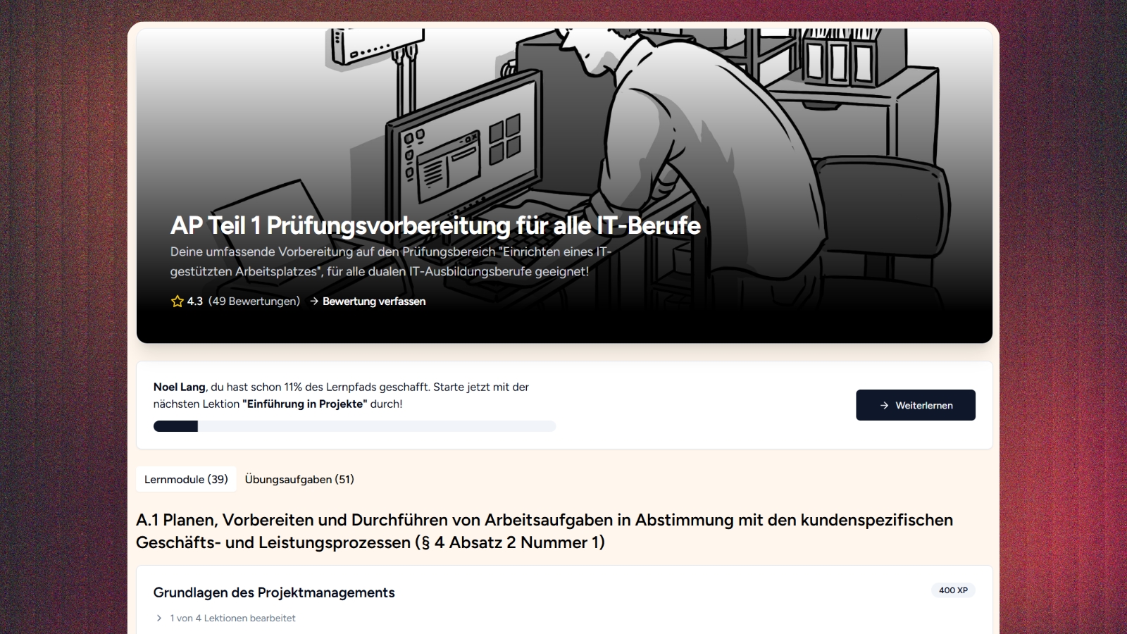 IT-Azubi lernt entspannt mit der Lernplattform f&uuml;r die Abschlusspr&uuml;fung